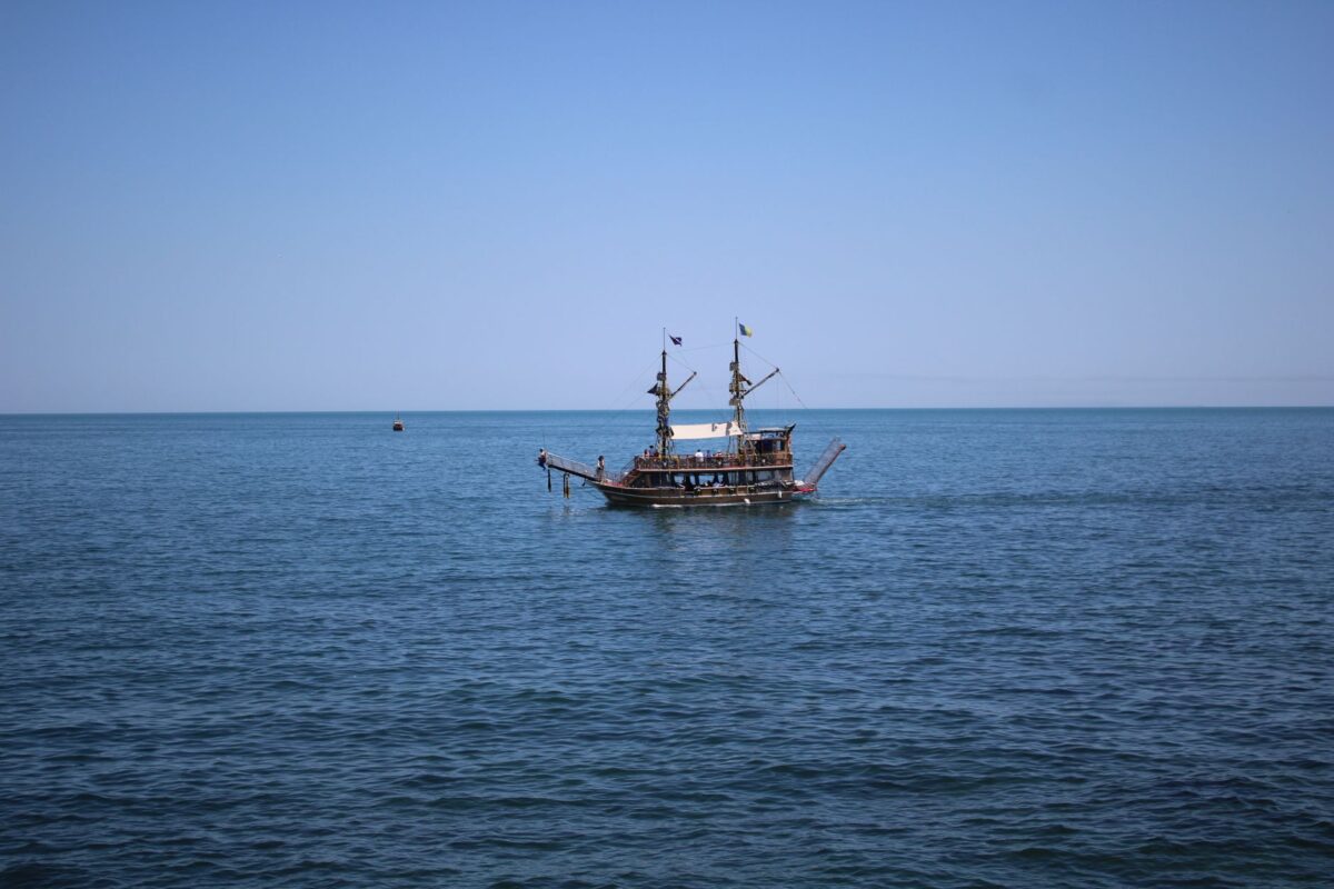 An old-fashioned ship sailing on the calm Black Sea near Constanța, Romania.